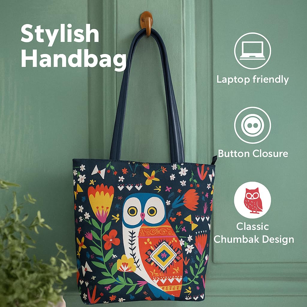 Chumbak Teal Killim Owl Tote Bag - Navy