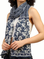 KE KANHA EXPORTS Scarf for Women Premium Cotton Boho | Dual Tone Border Print Stole with Tassels | Lightweight Summer Beach Wrap 180 x 50 cm (Slate Line Indigo)