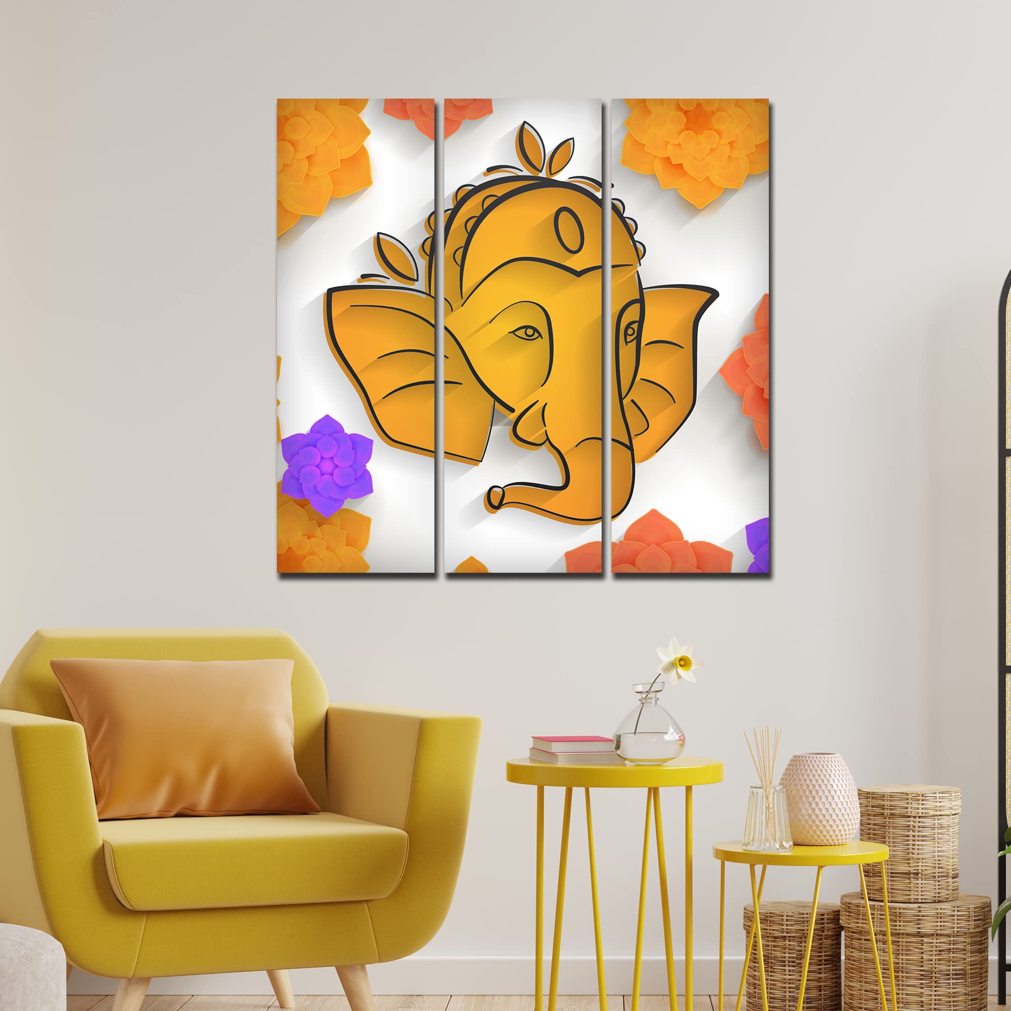 VIBECRAFTS Shree Ganesha Face 3 Pieces Canvas Wall Painting Fitted With Wooden Frame For Home | Office | Living Room | Gifts (PTVC3Pcs1_9562)