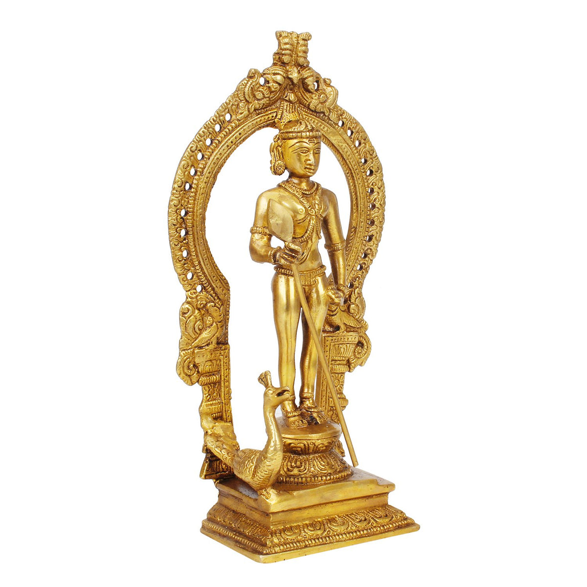 SVARUP Brass Lord Murugan Kartikeya Kumaraswamy Karthikeya with Peacock Idol Swaminatha Murti10 Inch Gold Color