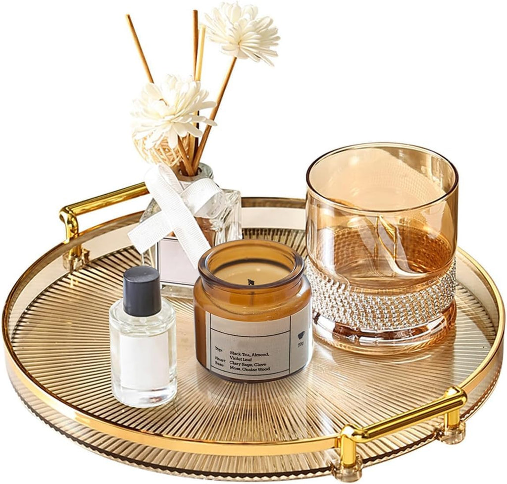 Deoxys Serving Tray with Golden Handles, Acrylic Decorative Tray, Round Coffee Table Tray, Contemporary Decorative Table Tray, for Home, Restaurant, Table, Bar Drinks, Breakfast, Fruit