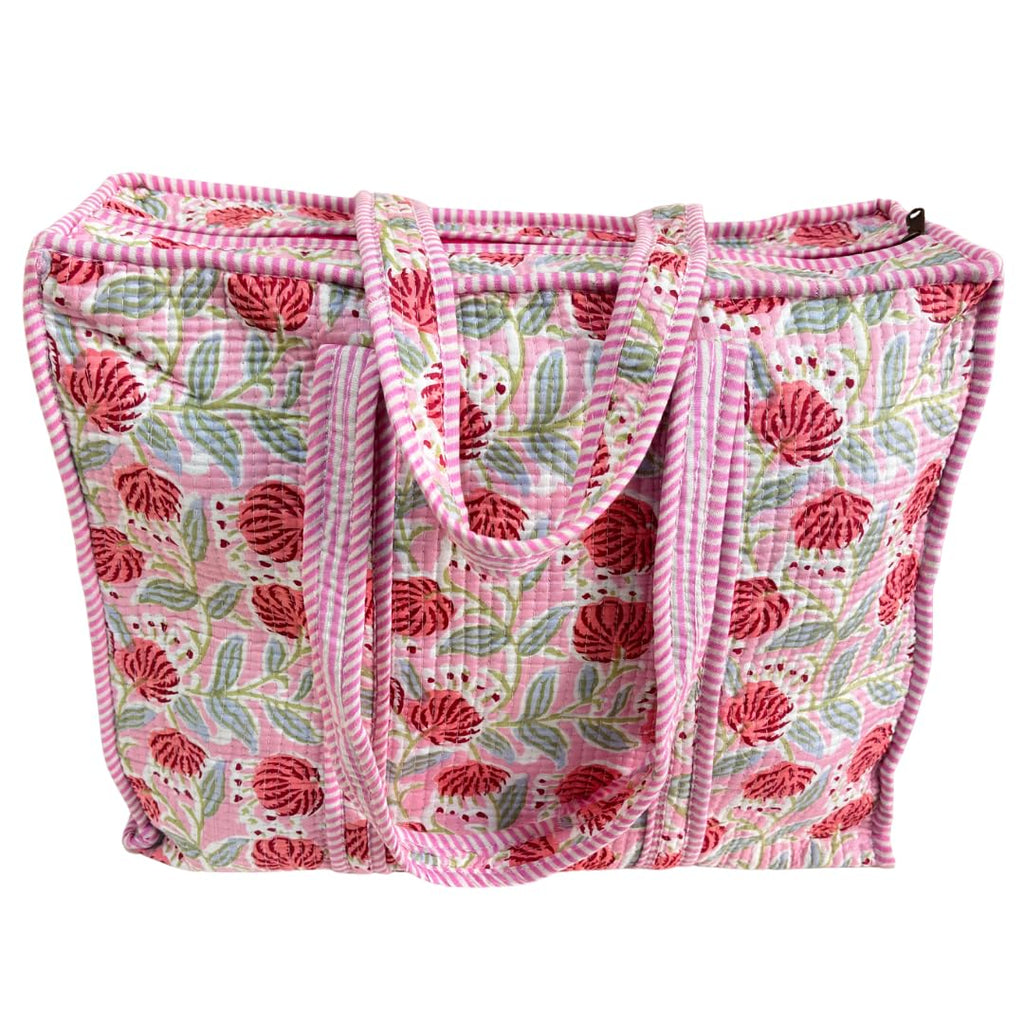 Bazaar Bhoot Edition Premium Cotton Quilted Shopping Tote Bag - Multipurpose Long Lasting Foldable Reusable Bag with zipper for Shopping, Travel & Daily Use - Made in India (Floral Pink)