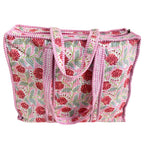 Bazaar Bhoot Edition Premium Cotton Quilted Shopping Tote Bag - Multipurpose Long Lasting Foldable Reusable Bag with zipper for Shopping, Travel & Daily Use - Made in India (Floral Pink)