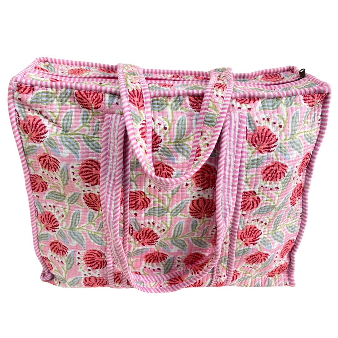 Bazaar Bhoot Edition Premium Cotton Quilted Shopping Tote Bag - Multipurpose Long Lasting Foldable Reusable Bag with zipper for Shopping, Travel & Daily Use - Made in India (Floral Pink)