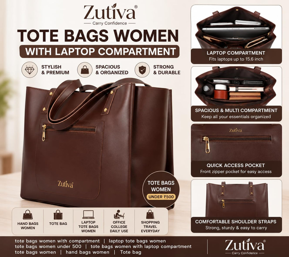 Zutiva tote bag for women office use – Large Capacity Laptop Purse for Work, Professional Shoulder Handbag for Women, Stylish PU-Leather Tote for Office, Travel & Daily Use