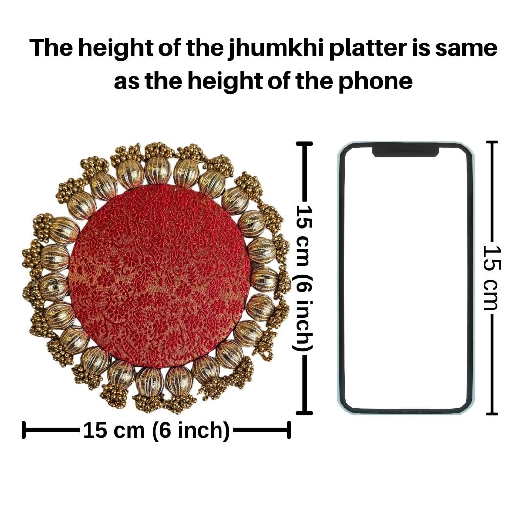 SATYAM KRAFT 1 Pc Handmade Jhumki Platter (6 Inch) with Gota Patti & Golden Moti | Ganpati & Janmashtami Decoration, Festive Home Décor, Pooja Setup, Table Centerpiece & Gifting Item