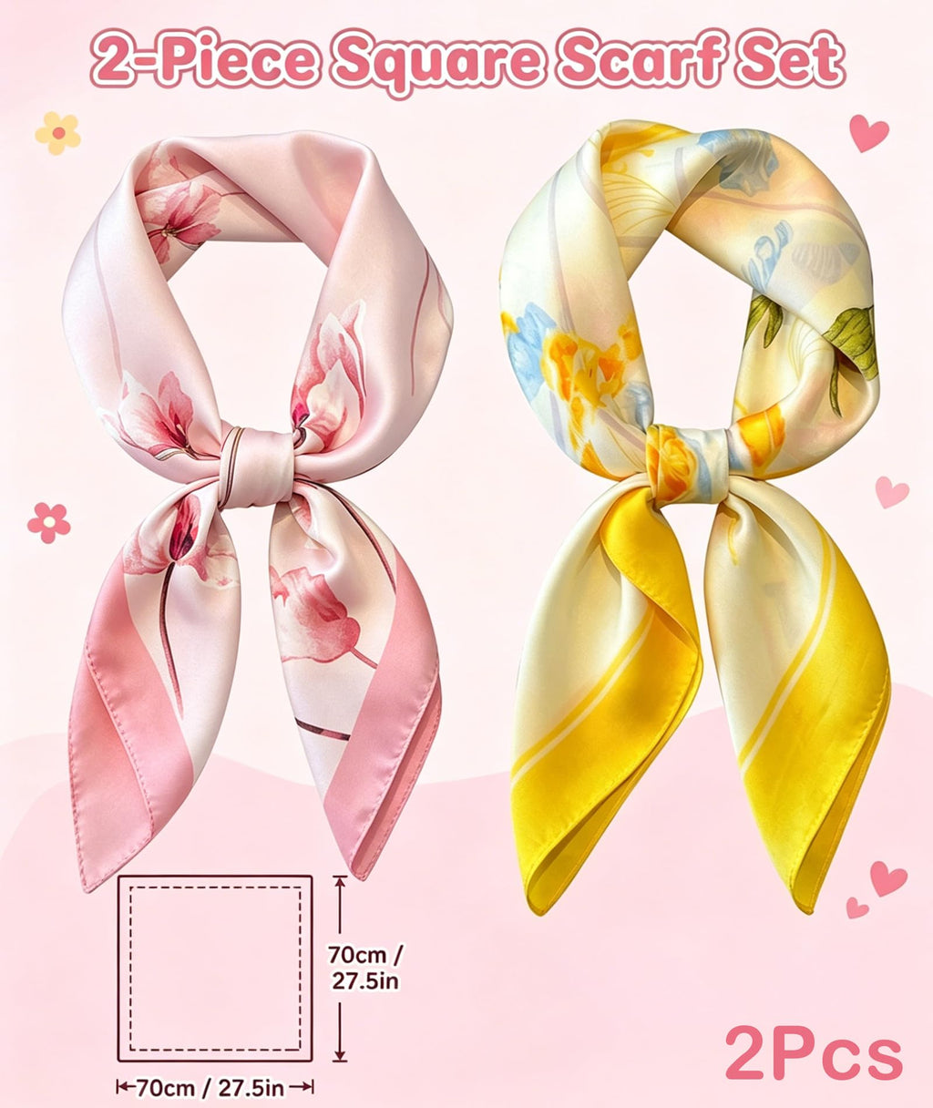 SRKSPYFD 2Pcs Scarf for Women Stylish, Square Lightweight Satin‑Feel Hair Scarf, Yellow and Pink Floral Print Polyester Neckerchief for Women, Headscarf for Hair Wrap, Purse & Neck