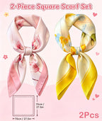 SRKSPYFD 2Pcs Scarf for Women Stylish, Square Lightweight Satin‑Feel Hair Scarf, Yellow and Pink Floral Print Polyester Neckerchief for Women, Headscarf for Hair Wrap, Purse & Neck