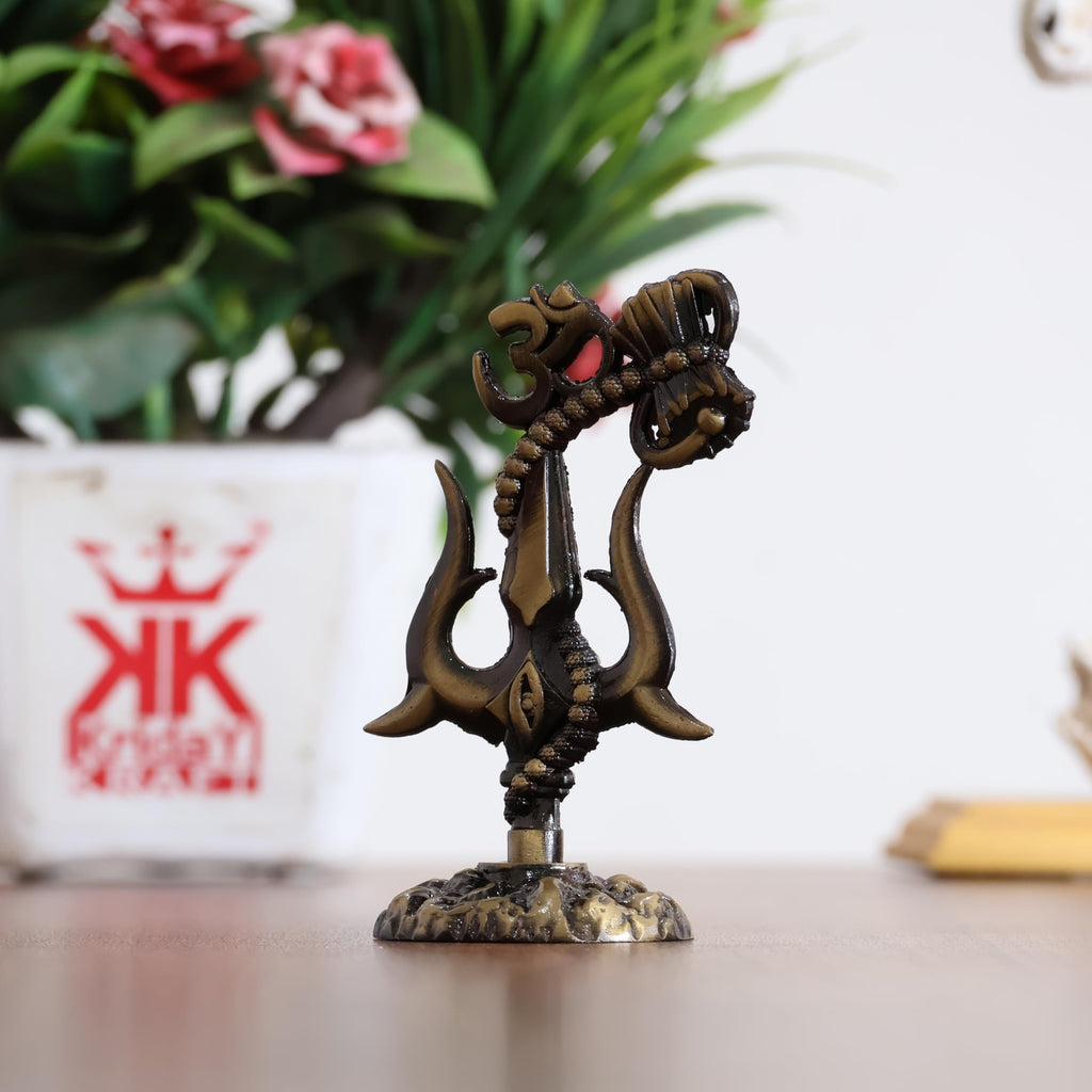 KridayKraft Metal Sivshakti Trishul Damru with Om Rudaksha Mala Symbol Statue, Antique Finish, 9.5 cm Height, 5 cm Base, 90 gm