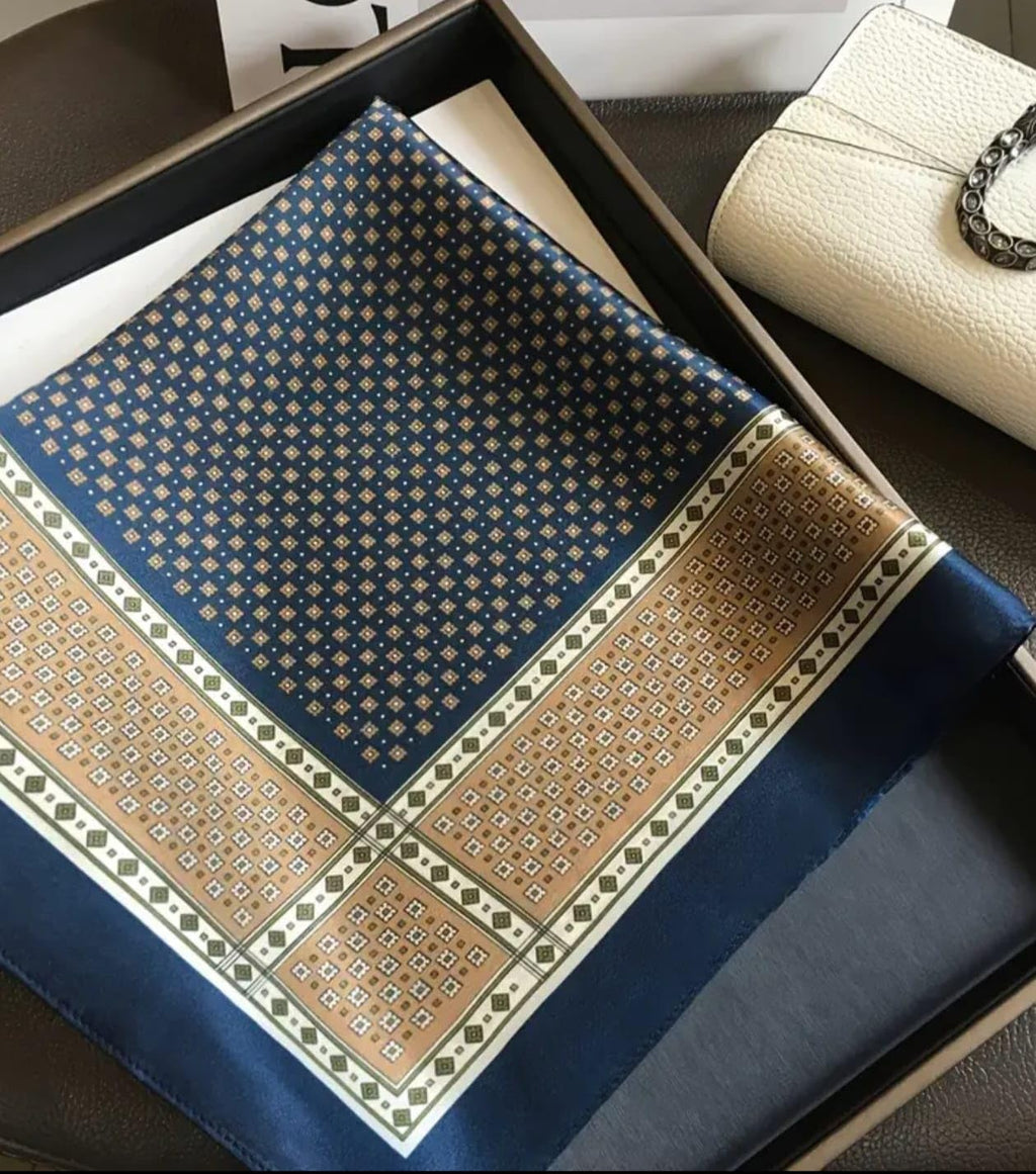 Silk Square Scarf, Navy Blue and Tan, Geometric Print, Luxury Neck Wrap