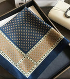 Silk Square Scarf, Navy Blue and Tan, Geometric Print, Luxury Neck Wrap