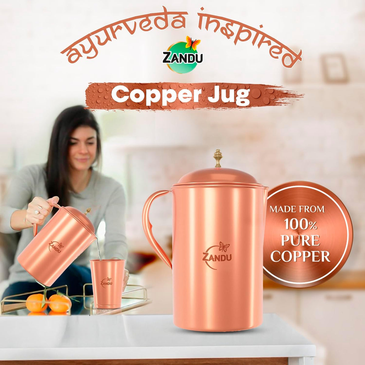 Zandu Copper Jug (2 L): Ayurveda Inspired | 100% Pure Copper | Copper Infused Water | Supports Digestive & Liver Health | Boosts Immunity | Useful in Promoting Overall Health