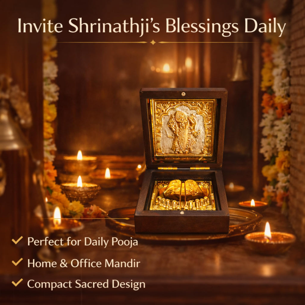 DK trades® Gold Plated Shrinathji For Pooja Box - Premium Gold Shrinathji Pocket Temple With Charan Paduka | Unique Home Office Gift