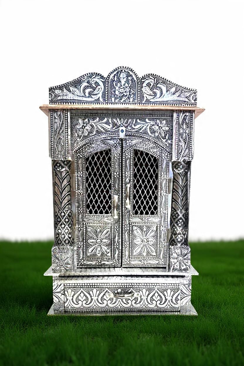 Balveer Enterprises Home Designs Aluminium & Copper Oxidized Home Temple Mandir/Ghar mandir/Pooja mandir (L-10 Inches D-6 Inches)