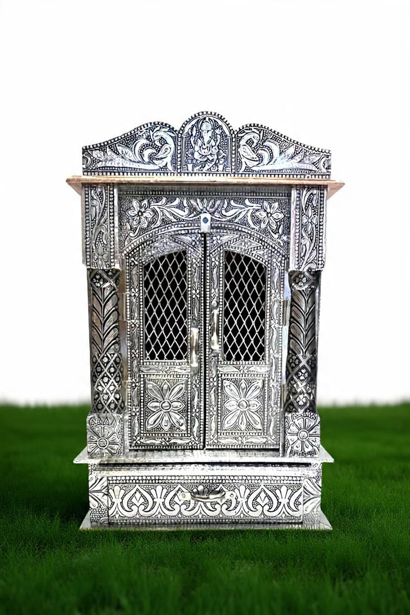 Balveer Enterprises Home Designs Aluminium & Copper Oxidized Home Temple Mandir/Ghar mandir/Pooja mandir (L-10 Inches D-6 Inches)