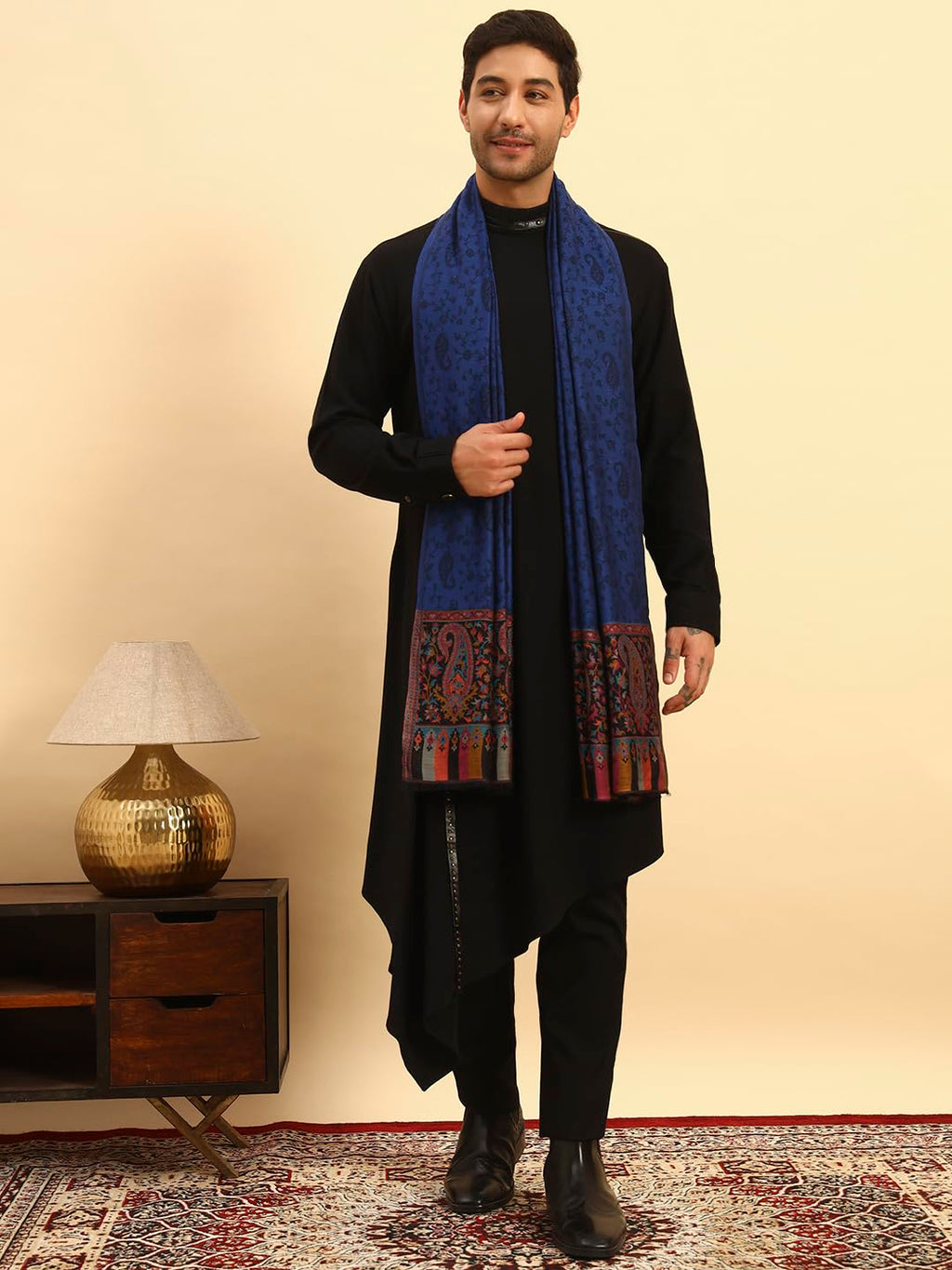Pashmoda Men Gulpari Kaani Stole, Authentic Kashmiri Luxury Pashmina Style Shawl, Stole, Small Size Gents Lohi, (Size 28x80 Inches,Navyblue Color) MAVST06