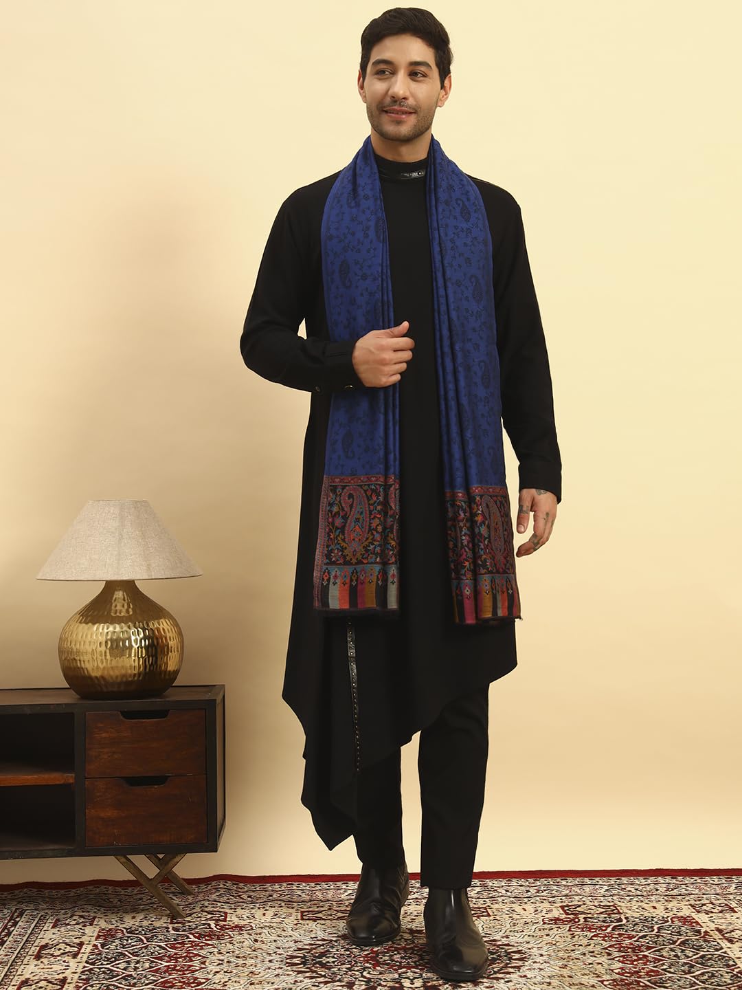 Pashmoda Men Gulpari Kaani Stole, Authentic Kashmiri Luxury Pashmina Style Shawl, Stole, Small Size Gents Lohi, (Size 28x80 Inches,Navyblue Color) MAVST06