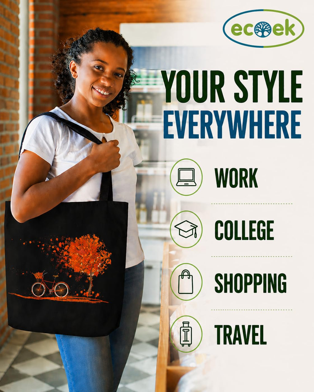 ECOEK Stylish Canvas Tote Bag for Women, Reusable Trendy Zipper Handbag with Pocket, Lightweight Aesthetic Cotton Tote for College, Office, Travel & Daily Use-Cycle Black
