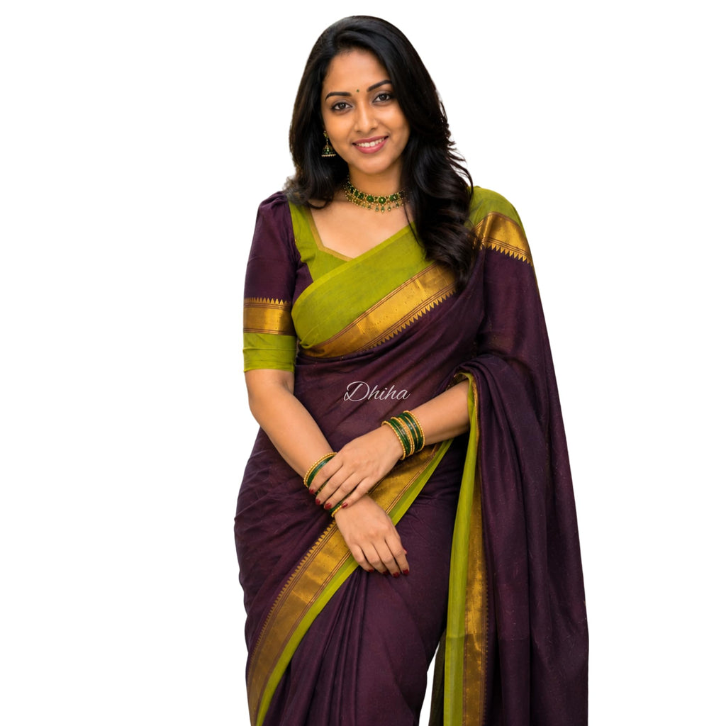 DHIHA Chettinad Cotton Saree for Women | Pure Kanchi Cotton Double Border Saree with Running Blouse | Zari Big Border & Tassels | Handloom Weave (Coffee Brown Trisha Inspired)