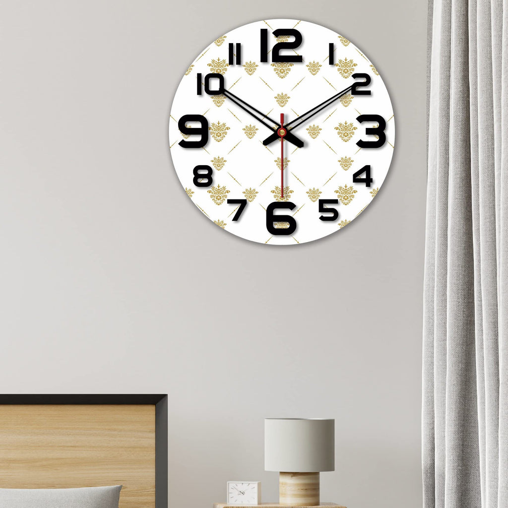VIBECRAFTS Golden Floral Pattern Wooden Wall Clock for Home Decor, Office, Living Room, Bedroom, Cafe's, Gifts (WWCVC1Pcs_15054)