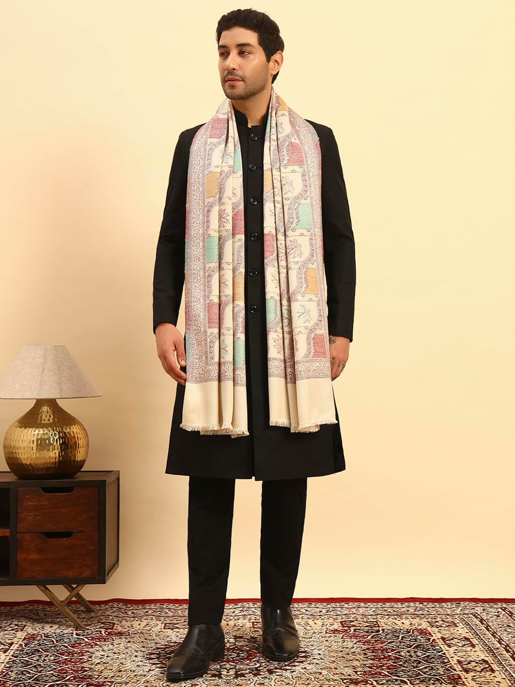 Pashmoda Men Floral Geometry Kaani Stole, Authentic Kashmiri Luxury Pashmina Style Shawl, Stole, Small Size Gents Lohi, (Size 28x80 Inches,Fawn Color) MAVST09