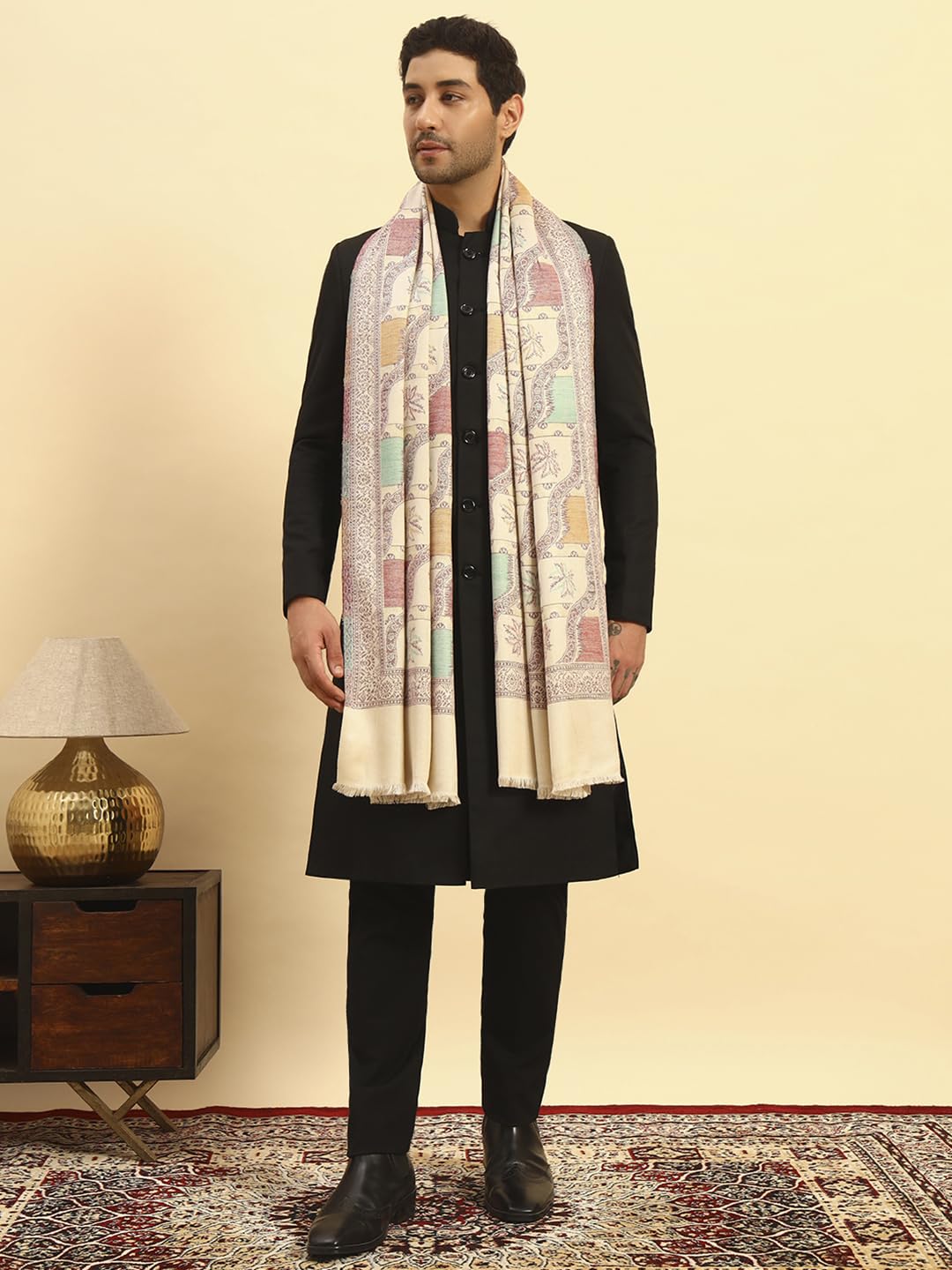 Pashmoda Men Floral Geometry Kaani Stole, Authentic Kashmiri Luxury Pashmina Style Shawl, Stole, Small Size Gents Lohi, (Size 28x80 Inches,Fawn Color) MAVST09