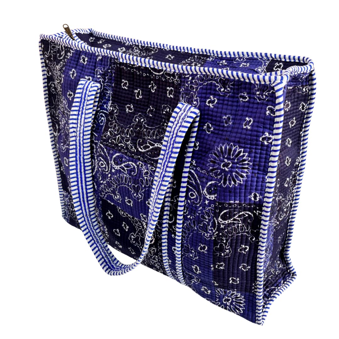 Bazaar Bhoot Edition Premium Cotton Quilted Shopping Tote Bag - Multipurpose Long Lasting Foldable Reusable Bag with zipper for Shopping, Travel & Daily Use - Made in India (Shaded Blue)