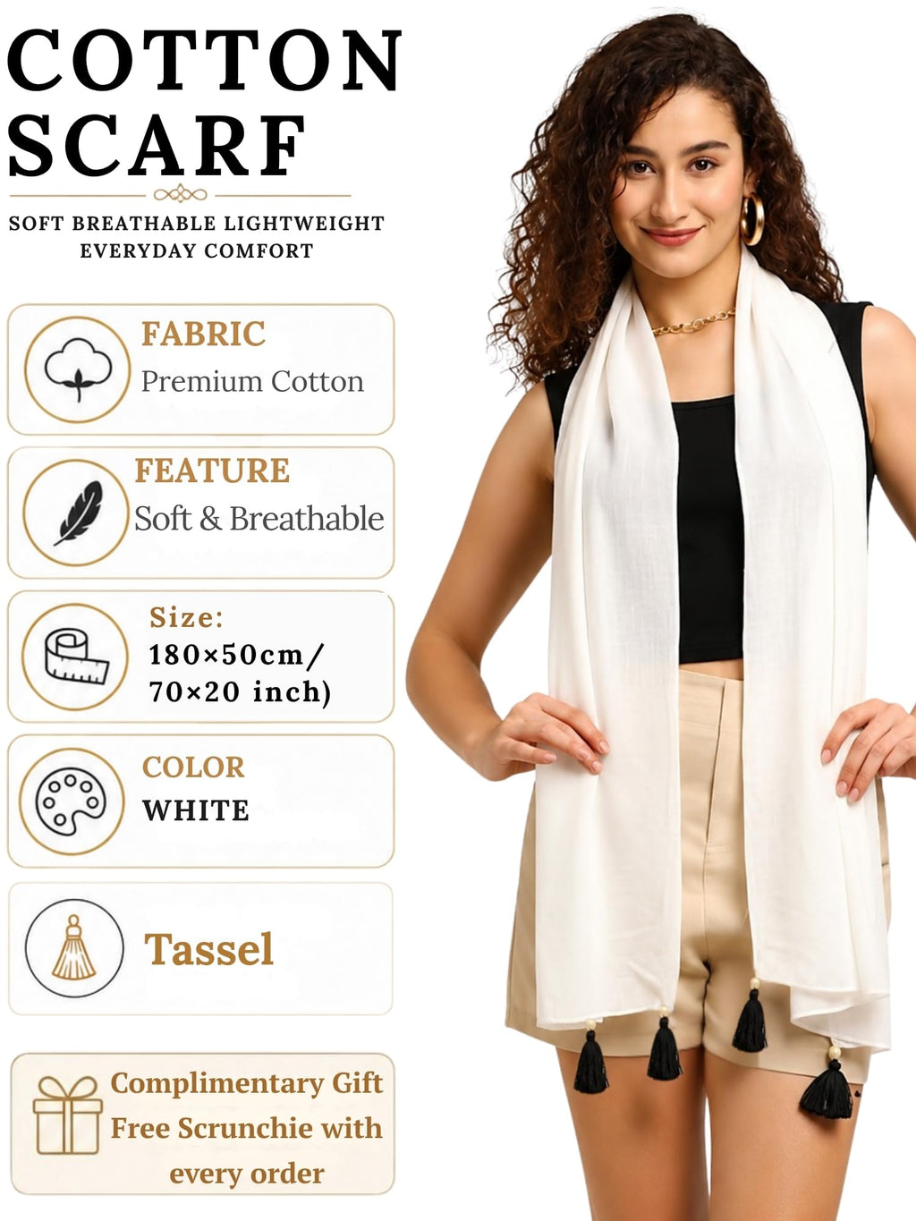 KE KANHA EXPORTS Cotton Scarf|Scarf for Women|Cotton Stole|Soft Beach Wrap|Tassel Design|Easily fits 180 * 50cm