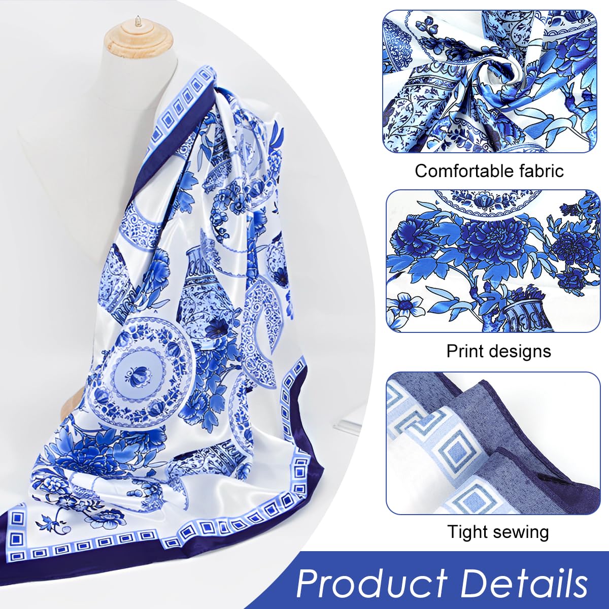 SANNIDHI Scarf for Women Stylish Large Square Blue White Satin Bandanas
