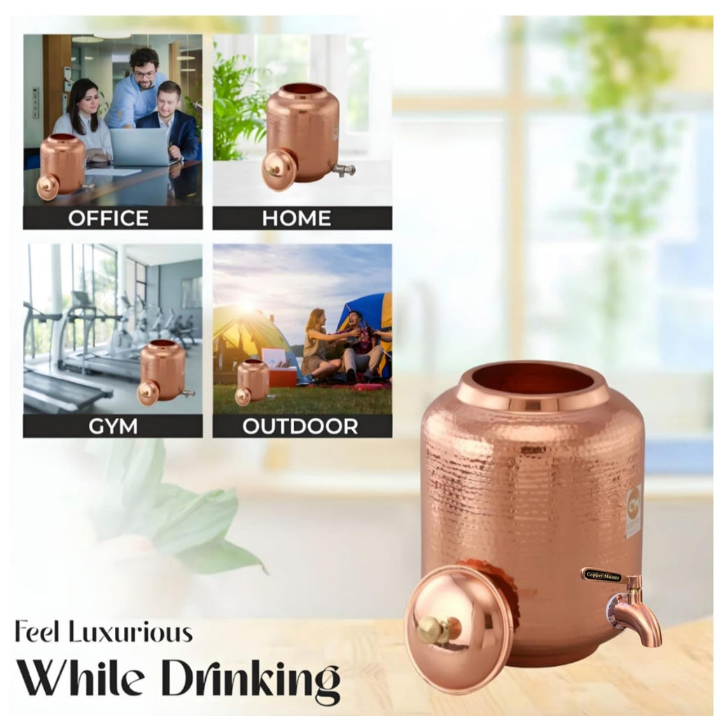 Copper-Master 8 Litre Hammered Copper Water Dispenser (Matka) Container Pot with Pure Copper and Ayurvedic Health Benefits (8000 ml)