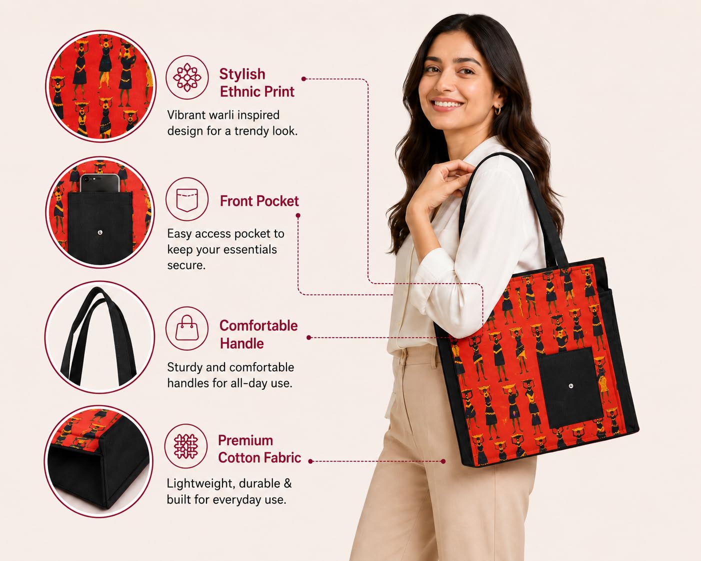 Vaishnavi Solapur Creations Warli Printed Cotton Tote Bag for Women | Ethnic Handmade Shoulder Handbag | Reusable Eco-Friendly Shopping & Daily Use Bag (Black)