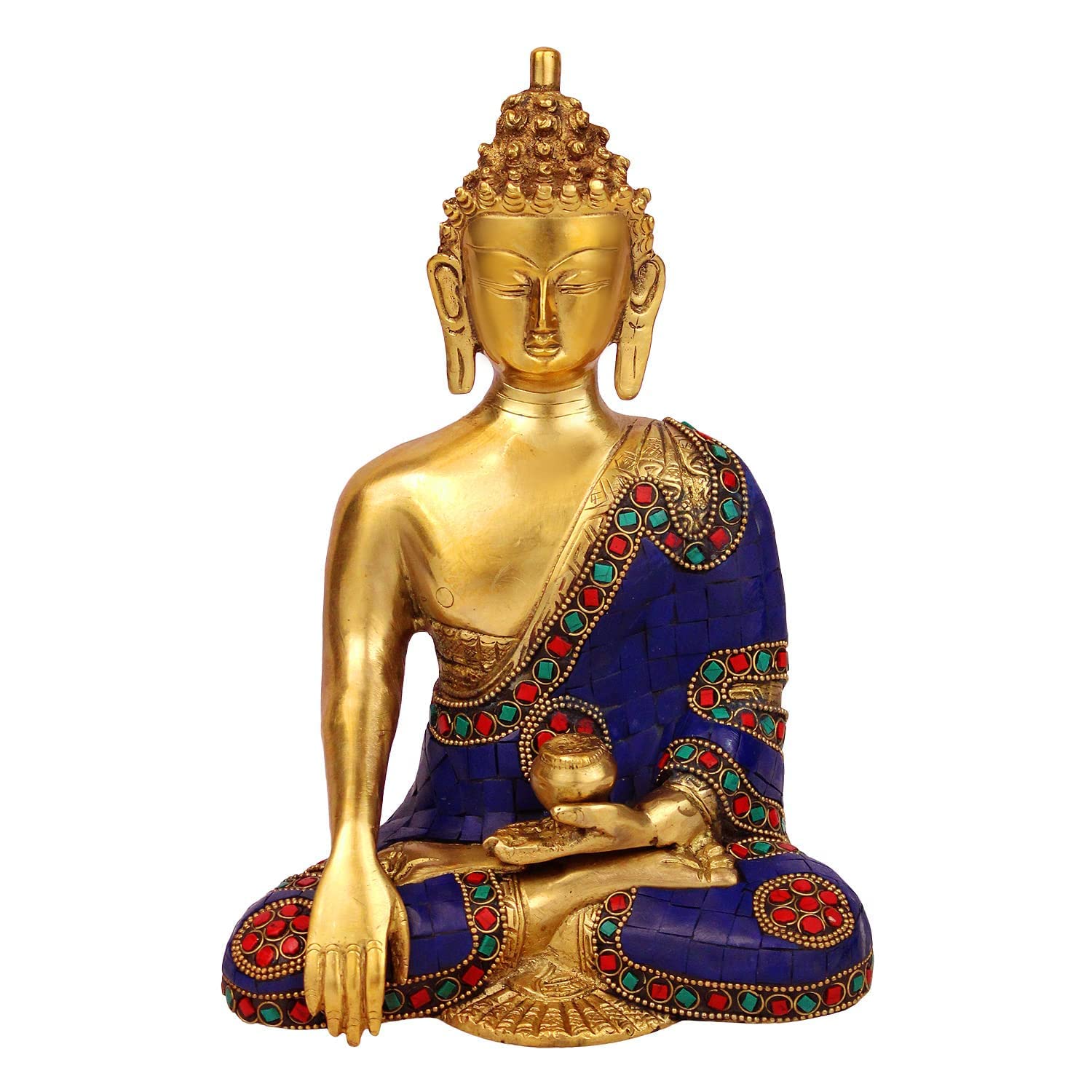 SVARUP Brass Buddha Idol in Bhumisparsha Mudra Statue Tibetan Buddhist Decor Height 9 Inch Weight 2.7 Kg Mult-Color