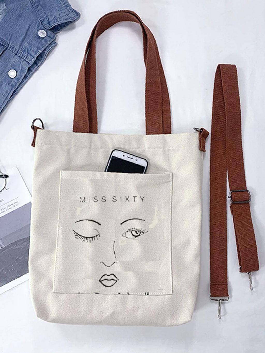 Aurbuy Cotton Tote Bags for Women, College Bag for girls With Inner & Outer Pockets, Utility Tote bags for Shopping, Travel & Daily use (Bag-Cream-Print-Miss-Sixty)