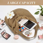 PALAY® Tote Bag for Woman Crochet Mesh Beach Shoulder Bags with Flower Brooch Summer Vacation Knitted Bag for Women Shoulder