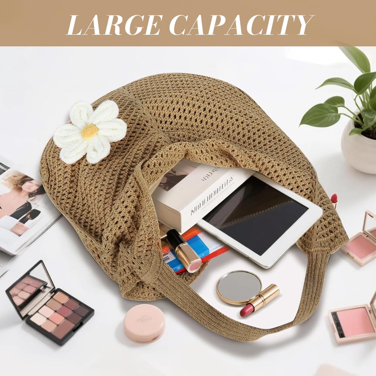PALAY® Tote Bag for Woman Crochet Mesh Beach Shoulder Bags with Flower Brooch Summer Vacation Knitted Bag for Women Shoulder