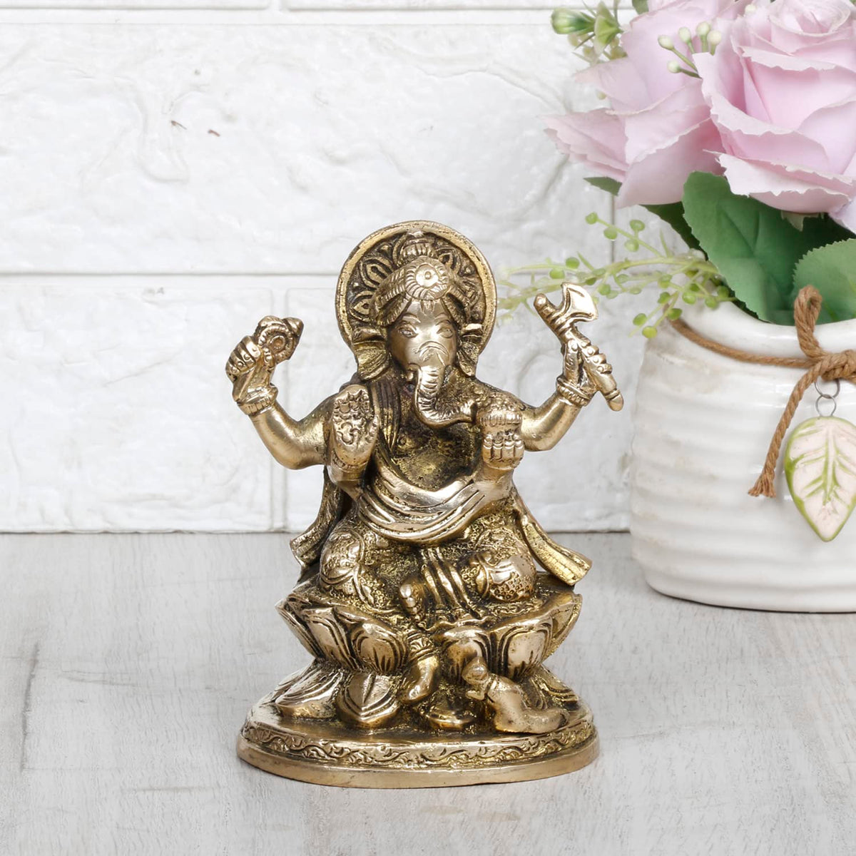 Svarup Brass Ganesha Sitting on Lotus Idol Ganesha Statue Ganpati Murti for Home Decor Puja Gift Height 5 Inch.