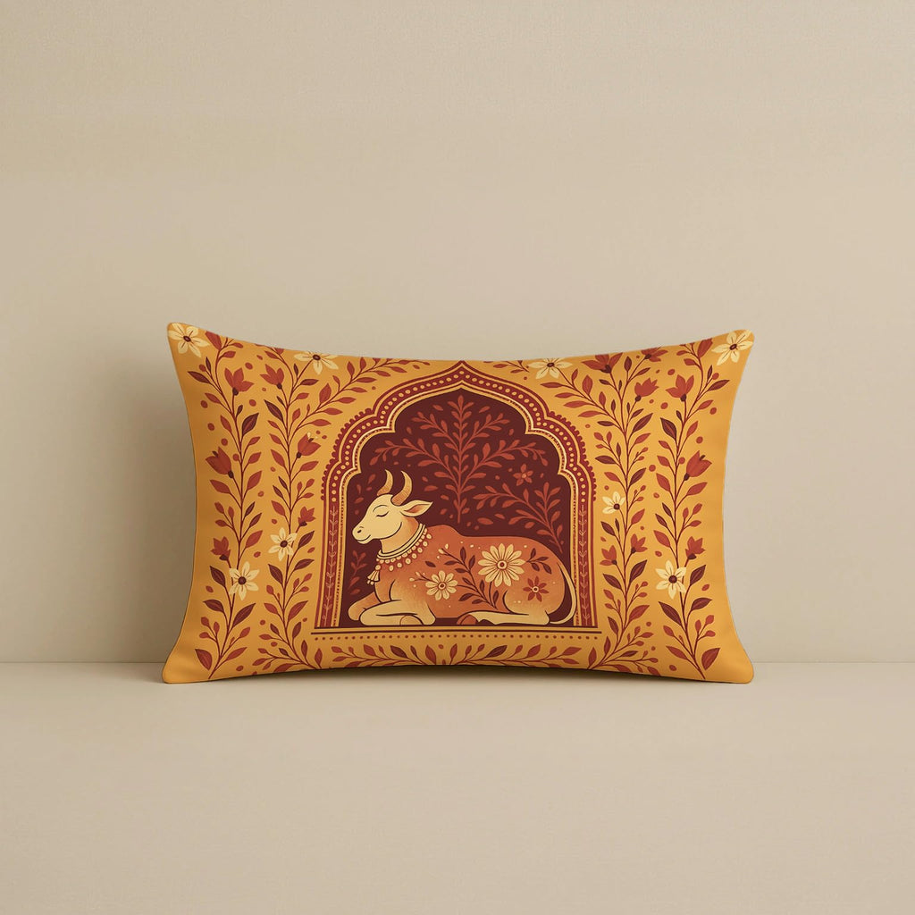 STITCHNEST Satin Cushion Covers Traditional Cow and Floral Design in Rajasthani Style, 12x18 Inch, Pack of 2 for Spiritual & Artistic Living Room Decor