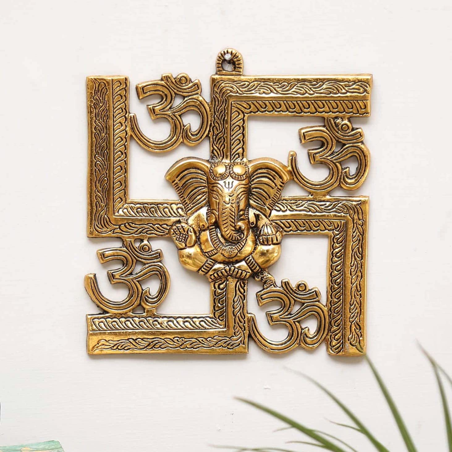 KridayKraft Ganesha Metal Statue,Ganpati Wall Hanging Sculpture,Metal Swastik Ganesha Murti Lucky For Home&Office,Gold,22 Cm