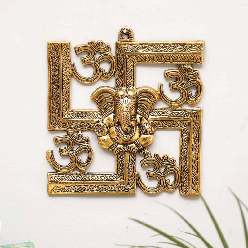 KridayKraft Ganesha Metal Statue,Ganpati Wall Hanging Sculpture,Metal Swastik Ganesha Murti Lucky For Home&Office,Gold,22 Cm