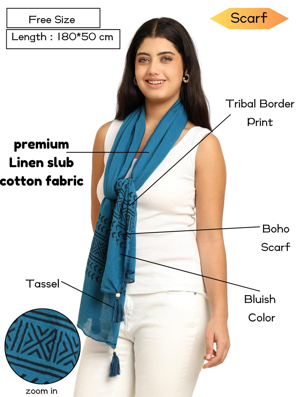 KE KANHA EXPORTS Stole for Women | Cotton Scarf for Women Stylish Boho Block Print Border with Tassels | Soft Lightweight Summer Beach Head Wrap | 180 x 50 cm