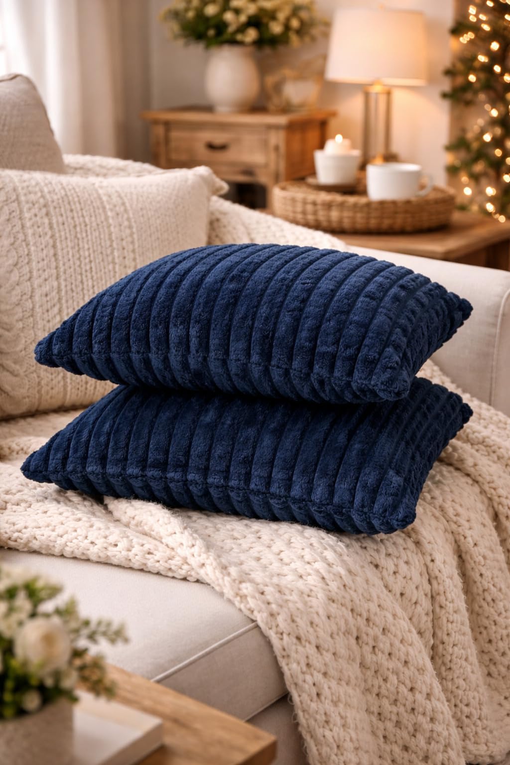 AWARD VELVETS Premium Faux Rabbit Fur Plush Luxury Soft Fluffy Striped Decorative Throw Pillow/Cushion Covers for Sofa, Couch, Living Room - (Navy Blue, 16 x 16 inch) Set of 1