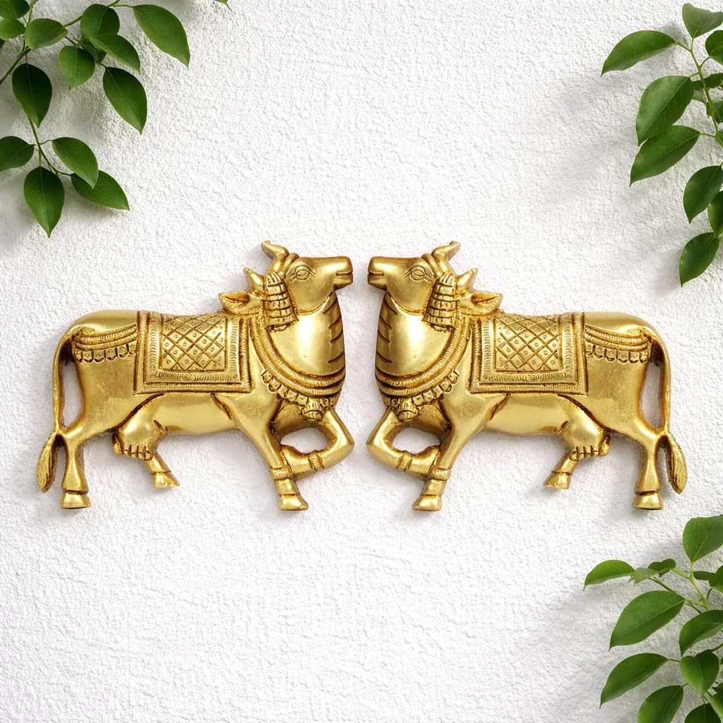 SVARUP Brass Cow Wall Hanging Vastu Gau MATA Idol, Kamdhenu Cow Pair Nandi (Gold Color 5x4 Inch)