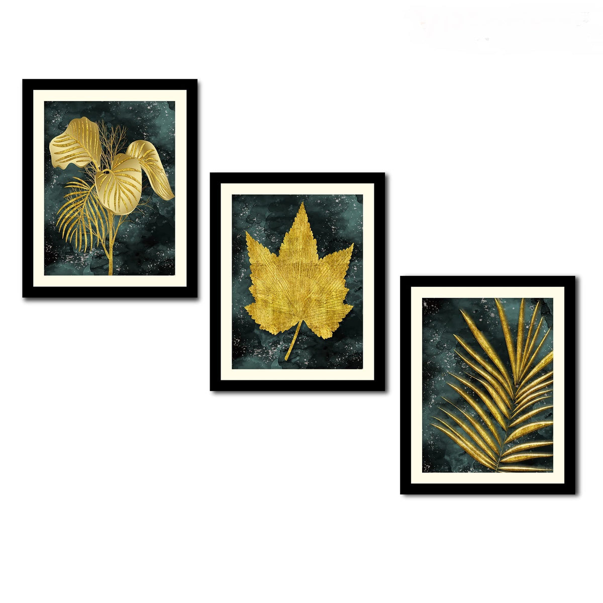 VIBECRAFTS Golden Leaves Decorative Wall Frames Set of 3 For Office Digital Reprint Posters with Synthetic Wooden Frame Home, Office Decorative Gift Item(15 inch x 12 inch)(PFVC3Pcs4_1323)