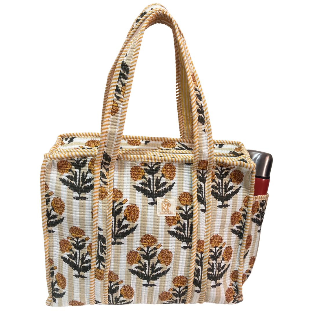 The House of RajPadmini Floral Quilted Cotton Shopping Tote Bag, 16x16 inches, Striped Trim, External Bottle Pocket (Floral Yellow (250 GSM Cotton))