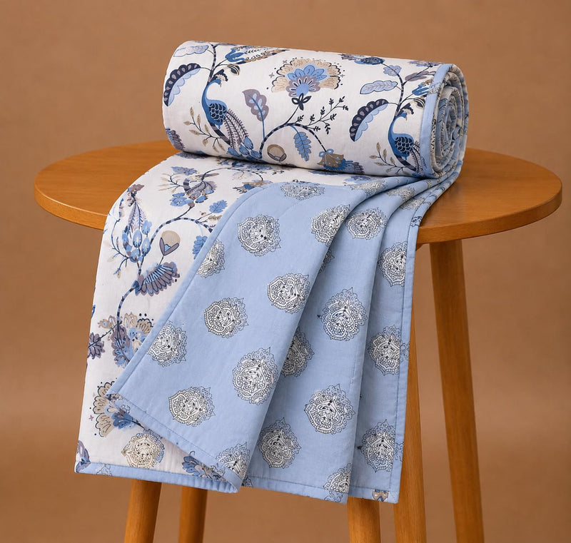 A Brand New - Umi Lightweight Cotton AC Dohar Blanket 84x96 Inches | 160 TC Double Bed Quilt | Three Layer Soft Comforter | Summer Special Bedding Kafalo