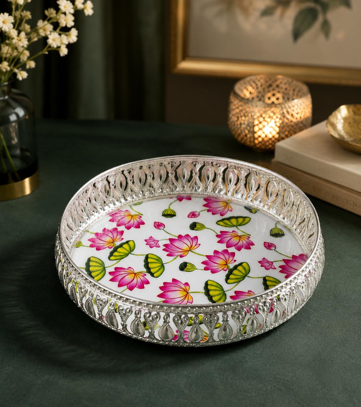 PALMARY German Silver Tray 8 Inches Flower Design for Pooja