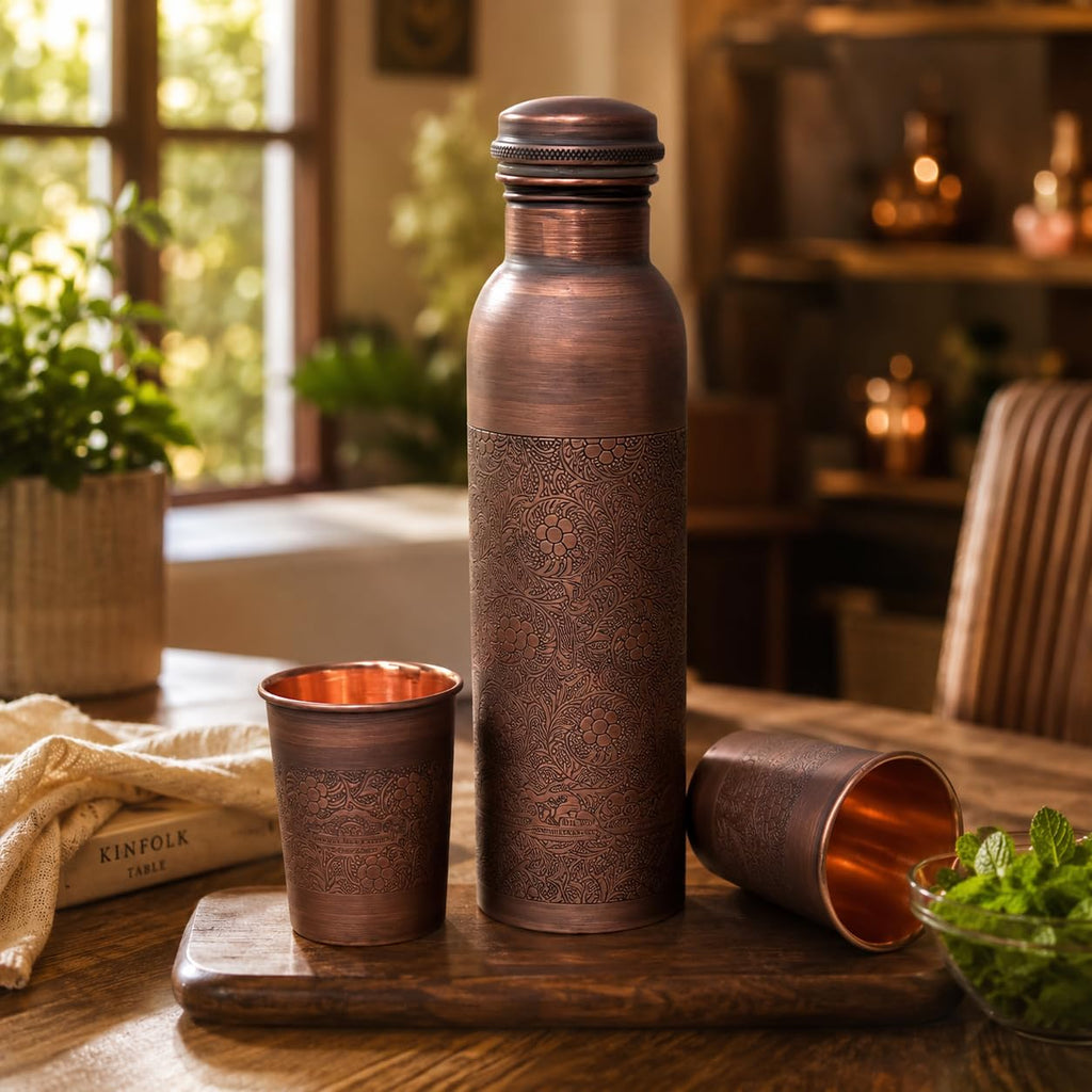 cWc Pure Copper Water Bottle with 2 Copper Glasses | Soft Touch Finish | Leakproof Copper Bottle for Drinking Water | Ayurvedic Health Benefits | BPA Free | Ideal for Home, Office & Gift