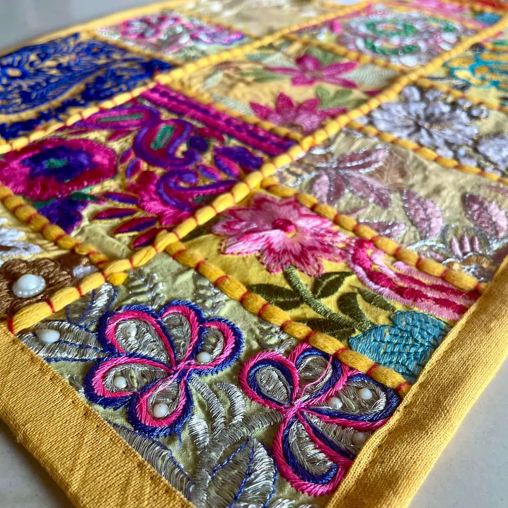ATRANGI STUDIO Patchwork Table Runner | Traditional Rajasthani Khambadiya Craft | Handmade Dining Table Runner for Home Decor | Colourful Dining Setup | 16x72 Inch, Yellow