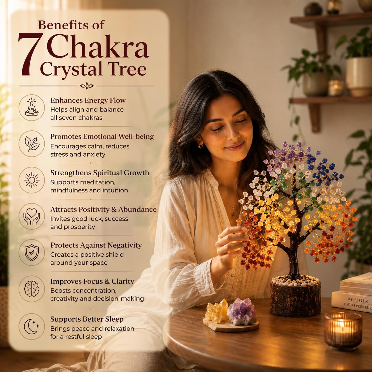 ohonesty 7 Chakra Crystal Tree Antique Showpiece - Positive Energy, Good Luck Gift, Vastu Decor, Spiritual Gift for Women, Living Room TV & Office, Housewarming Gifts, 350 Beads, Multicolor
