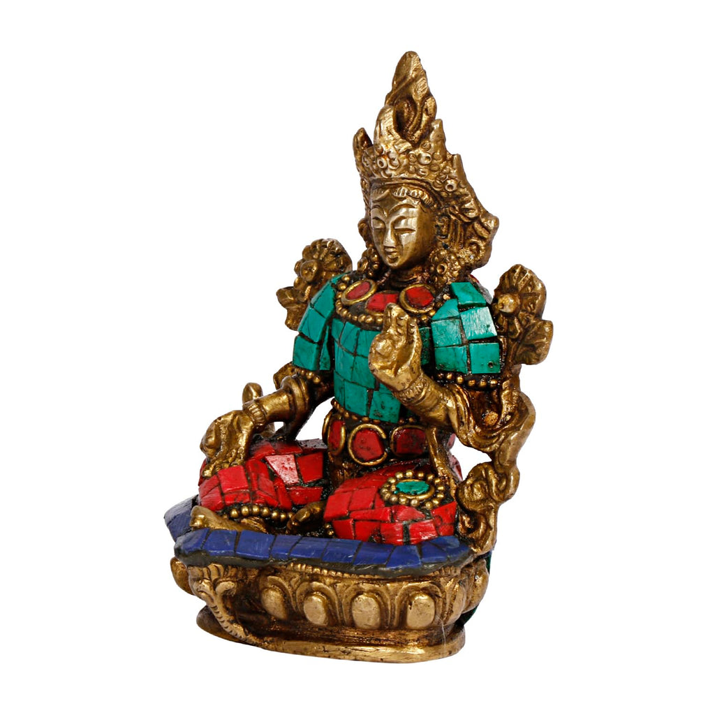 ARTVARKO Tara Devi Statue Brass Tibetan Goddess Religious Green Tara Statue for Health Happiness Wealth Idol Home Decor Sculpture 3.5 Inches